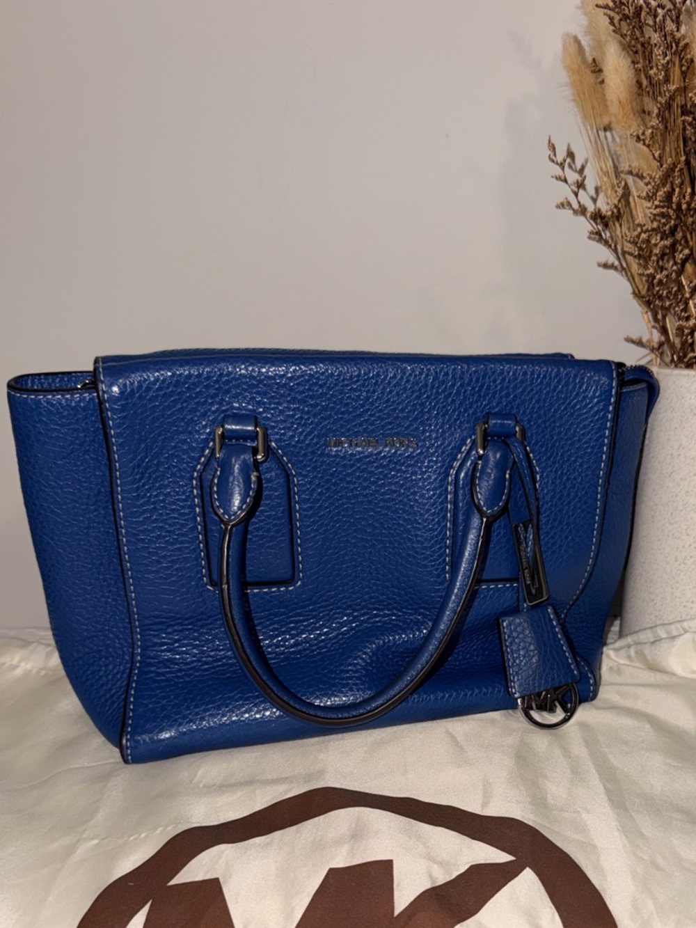 Michael Kors Cobalt Blue Pebbled Leather Satchel Silver Hardware Crossbody Tote - Picture 6 of 14